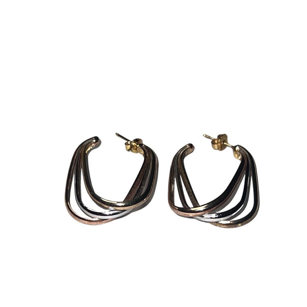 Three (3) Tone 925 Sterling Silver Split Shank Hoop Earrings Gold Rose Gold